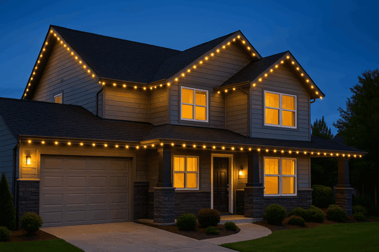 Modern San Diego home at dusk with glowing exterior eave lighting and sleek dark gray roofing